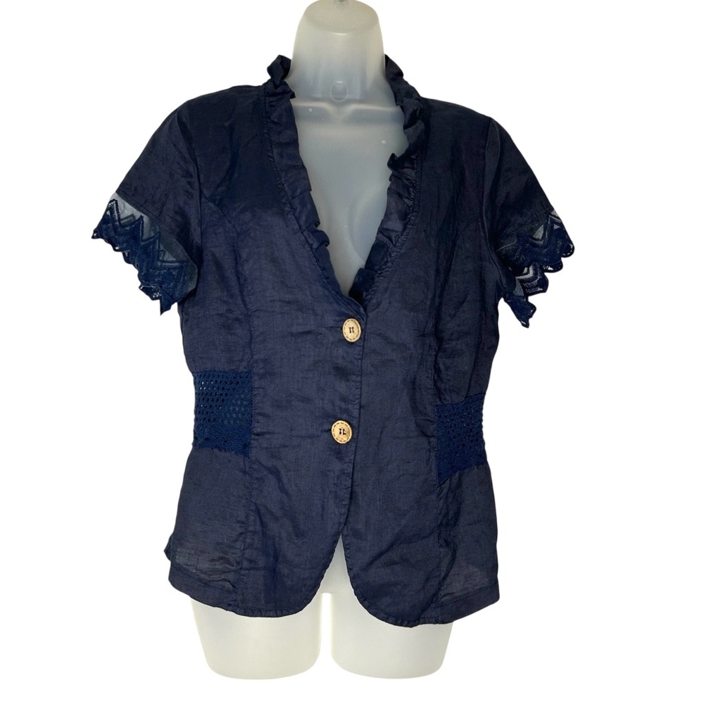 LOLA Women's Size M Blue Linen Lace Ruffle Made In Italy Button Down Blouse Top.